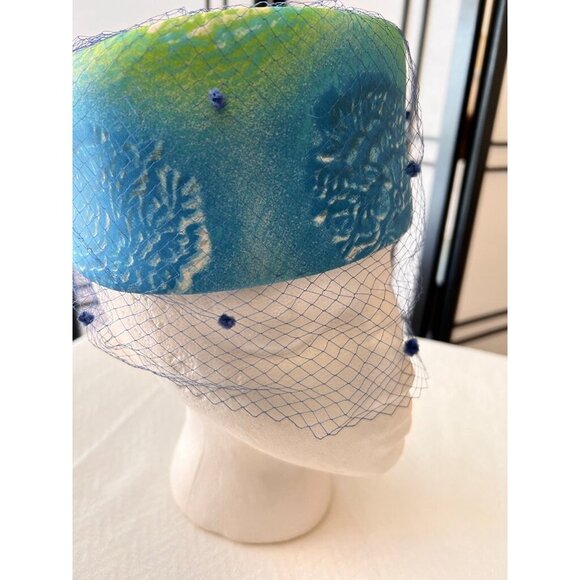 Cloche 1960s Hat Blue Green Threads 3 Depth 21 to 22 " Circumference - Picture 6 of 9